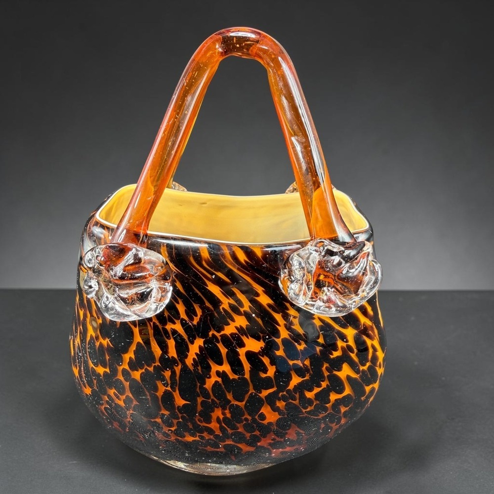 Italian Art Glass Purse Vase Vessel Tortoiseshell Leopard Print Amber Black 7in